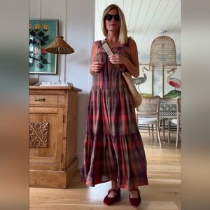 Faherty Marina Desert Plaid Tiered Maxi Boho 100% Organic Cotton Dress Sz Medium